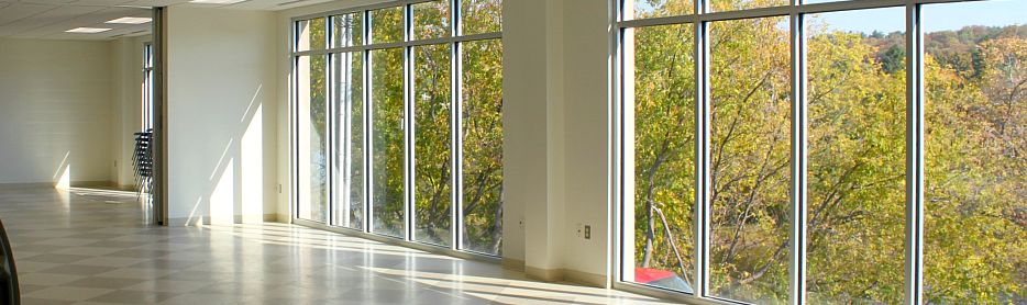 photo from inside the multipurpose Hart Room at the BOCC, looking out the floor-to-ceiling windows at vibrant summer trees