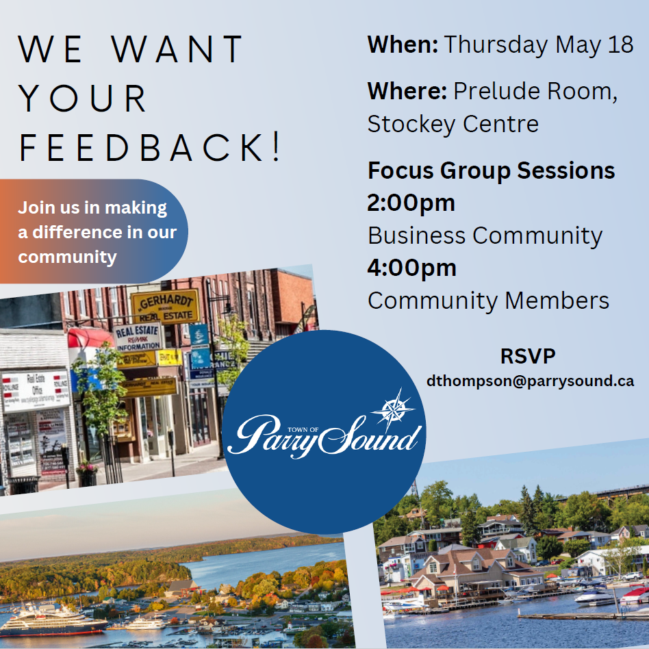 Poster advertising focus group sessions at 2 and 4 PM on May 18, 2023 at the Stockey Centre